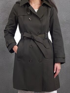 Selby Dark Grey Double-Breasted Trench Coat with Waist Tie And Detachable Hood.